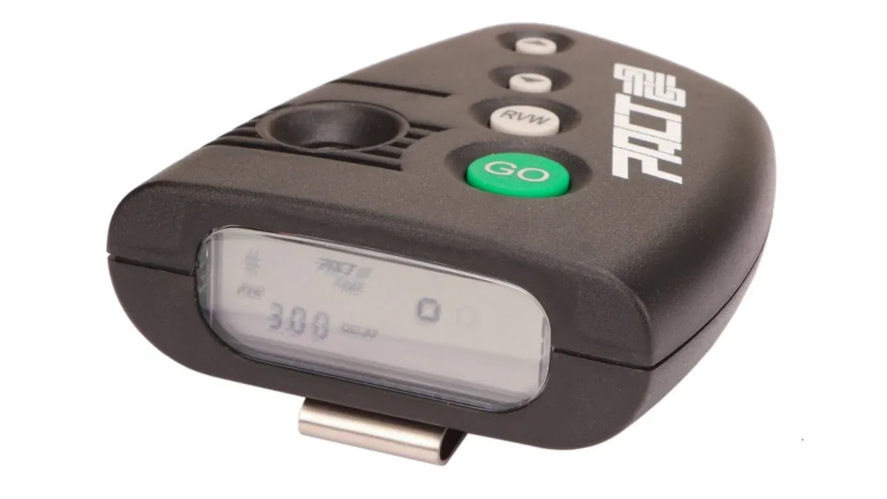A competition shot timer displaying a time on its screen