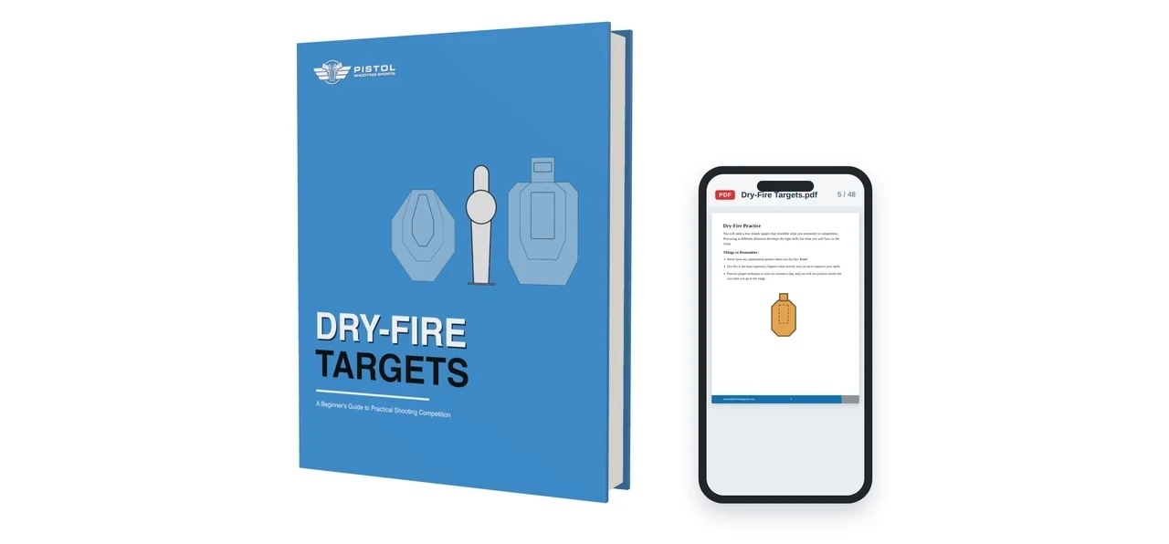 Dry-Fire Targets guide shown as a 3D book beside a phone displaying a page from the guide