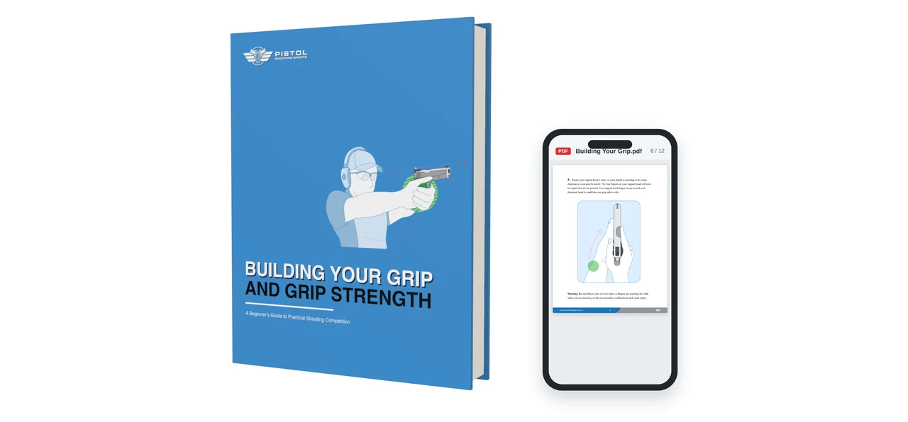 Building your Grip and Grip Strength guide shown as a 3D book beside a phone displaying a page from the guide