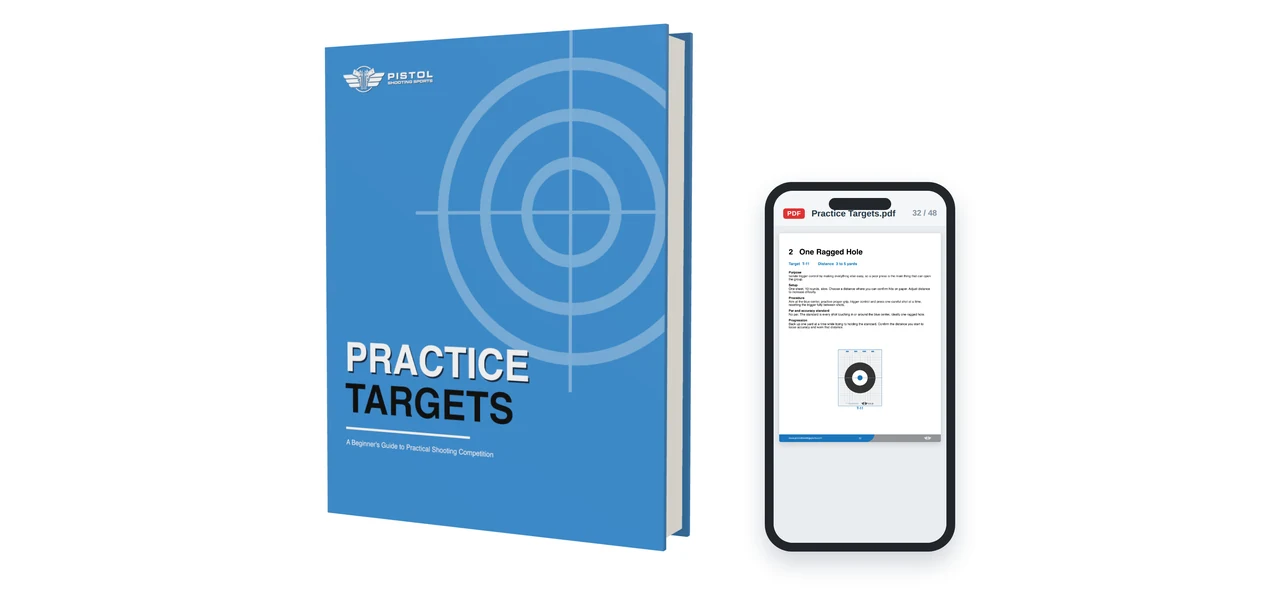 Pistol Shooting Sports practice targets shown as a 3D book beside a phone displaying a page from the guide