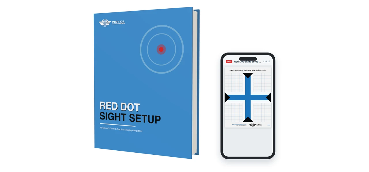 Red Dot Sight Setup guide shown as a 3D book beside a phone displaying a page from the guide