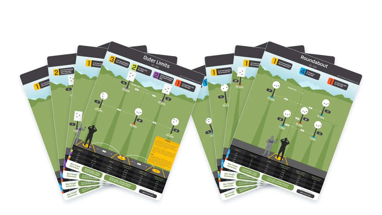 Poster featuring Five to Go, Showdown, Smoke & Hope, Outer Limits, Accelerator, Pendulum, Speed Option, Roundabout. Each diagram shows a course layout with targets and distances, labeled with instructions. Blue download buttons are below each diagram, and the website www.pistolshootingsports.com is at the bottom.