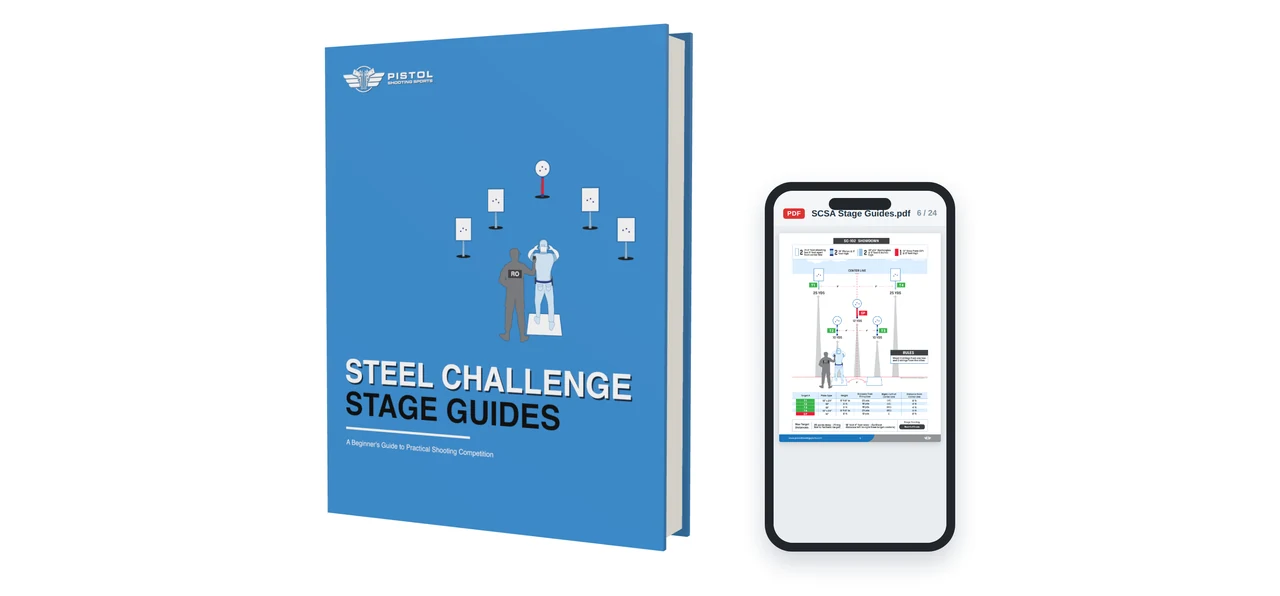 Steel Challenge stage guides shown as a 3D book beside a phone displaying a page from the guide