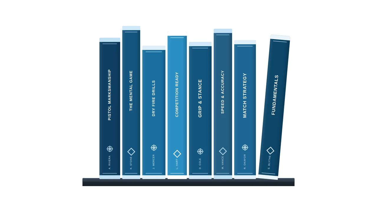 Cover slide for Shooting Sports books and training resources, with a logo of books on a shelf on the left and website www.pistolshootingsports.com at the bottom.