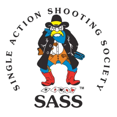 Logo of Single Action Shooting Society with a cartoon outlaw holding a gun, wearing a black hat with a yellow band, a black coat, blue bow tie, orange vest, red boots, and sunglasses, surrounded by the text 'Single Action Shooting Society' and 'SASS', with playing cards underneath.