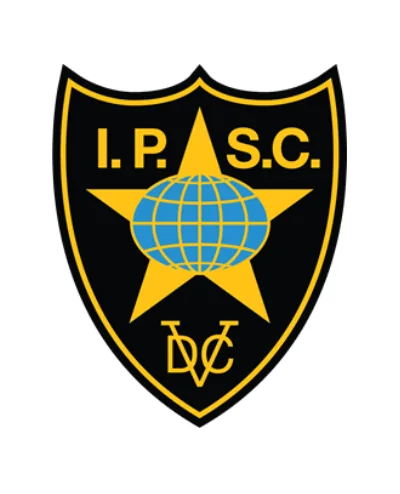Shield-shaped emblem of I.P.S.C. with a black background, gold border, large gold star, blue globe with latitude and longitude lines, and gold initials T D V C beneath the star.
