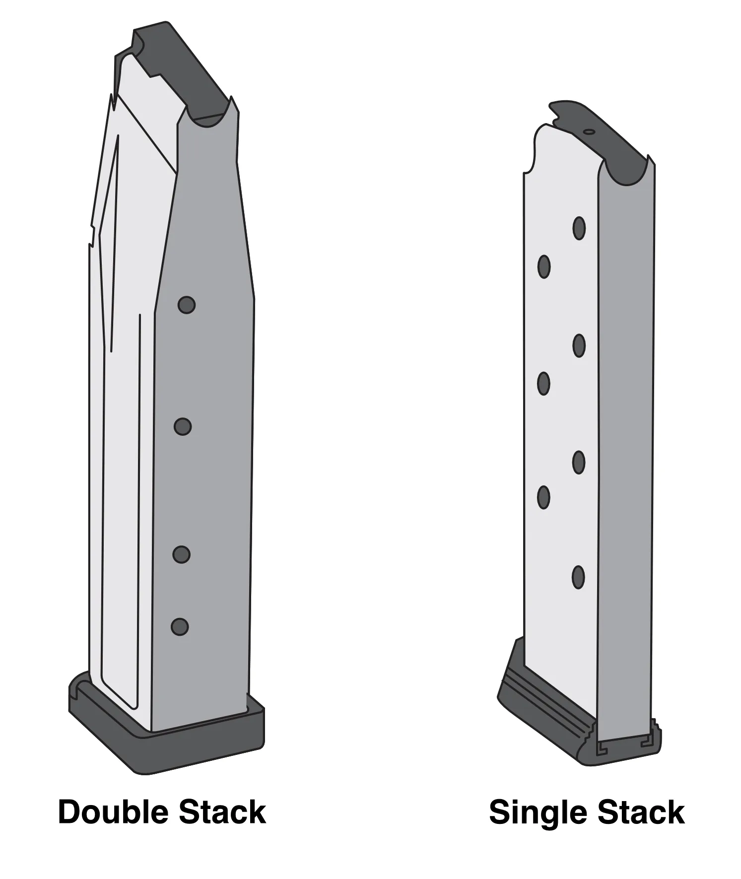 A double-stack pistol magazine beside a single-stack pistol magazine